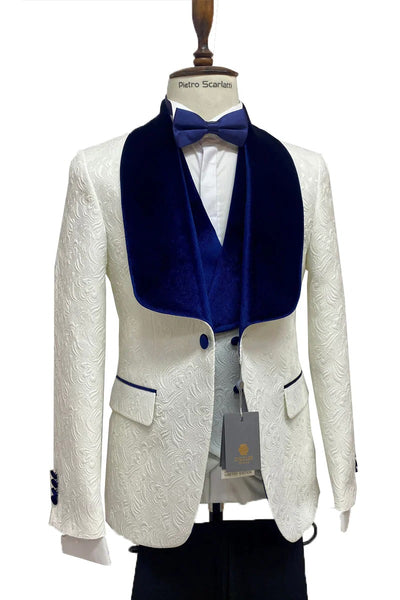Mens Royal Blue Prom 2026 Tuxedo - Mens Vested Designer Wide Royal Blue Velvet Shawl Tuxedo in Ivory Paisley