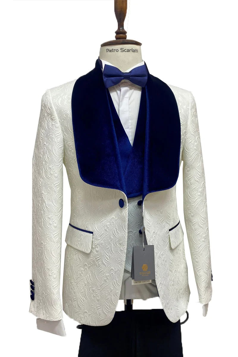 "Mens Vested Designer Wide Royal Blue Velvet Shawl Tuxedo Suit in Ivory Paisley"