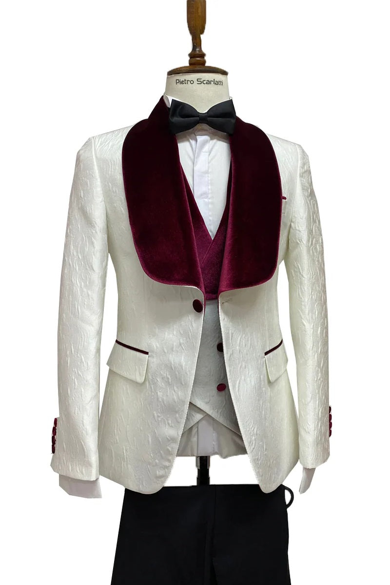 "Mens Vested Designer Wide Velvet Shawl Tuxedo Suit in Ivory Paisley"