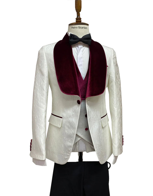 "Mens Vested Designer Wide Velvet Shawl Tuxedo Suit in Ivory Paisley"