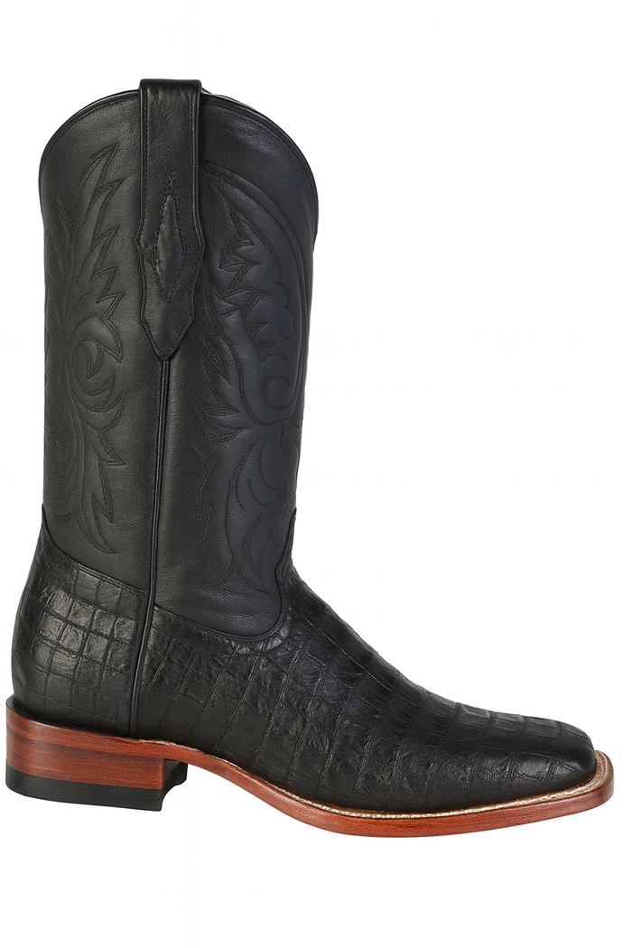Los Altos Boots Men's Black Caiman Belly Wide Square Toe Boots-New Designer Collection