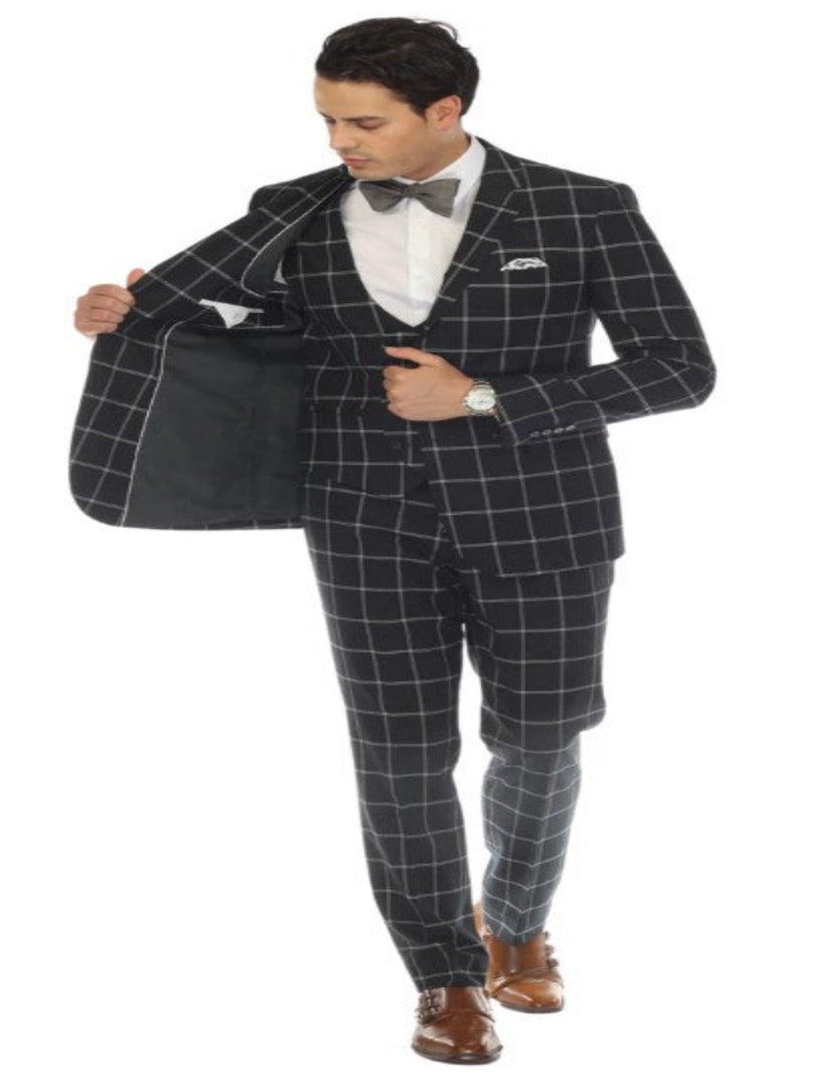 Mens Plaid Suit - Windowpane Pattern With Vest - Business Suit Hunter Green - Coat Size 38