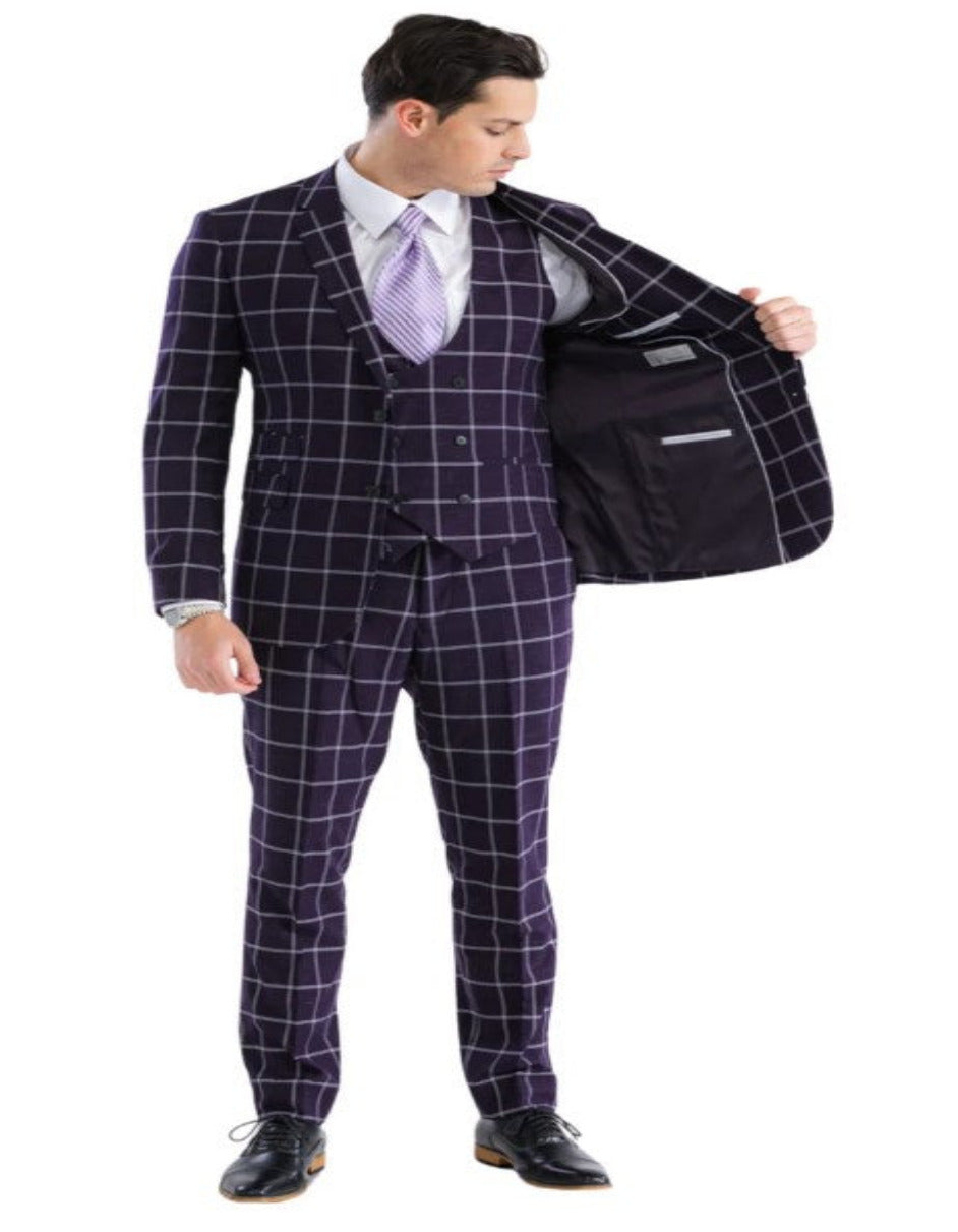 Mens Plaid Suit - Windowpane Pattern With Vest - Business Suit Burgundy - 34 Short or Extra Small