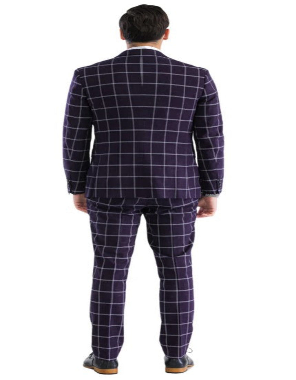 Mens Plaid Suit - Windowpane Pattern With Vest - Business Suit Burgundy - Coat Size 38