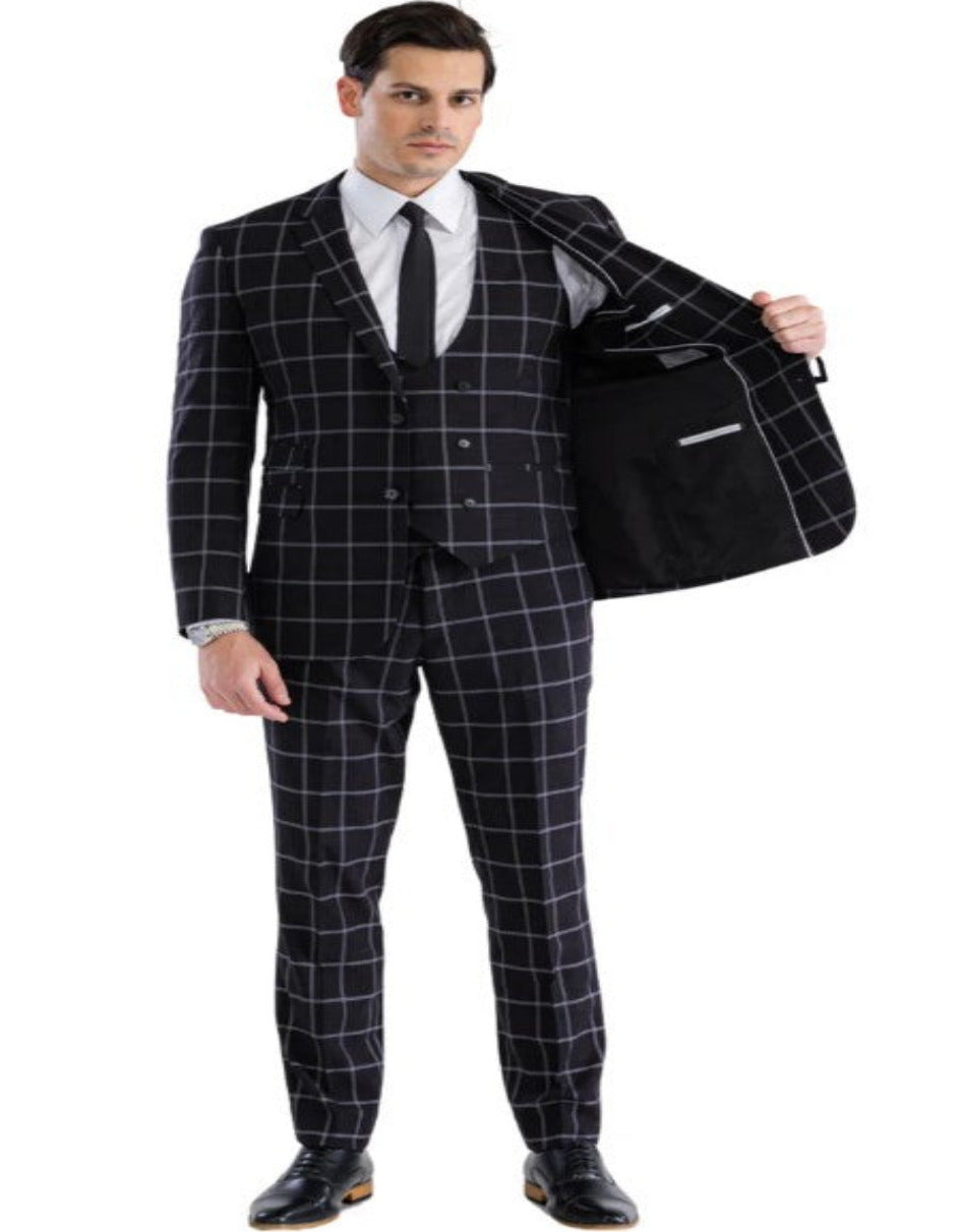 Mens Plaid Suit - Windowpane Pattern With Vest - Business Suit Black - Coat Size 38