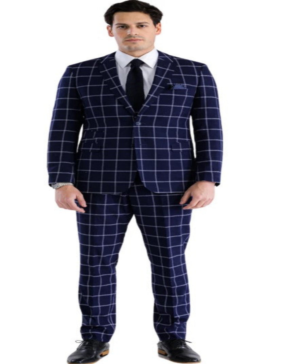 Mens Plaid Suit - Windowpane Pattern With Vest - Business Suit Navy - Coat Size 38