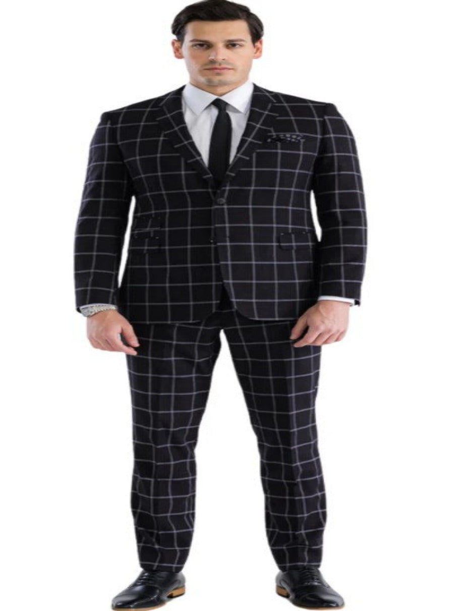 Mens Plaid Suit - Windowpane Pattern With Vest - Business Suit Black - Coat Size 38