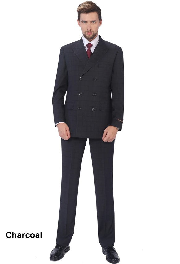 Mens Windowpane Plaid Double Breasted 6 Buttons 3-piece Classic Fit Suit Black - Coat Size 38