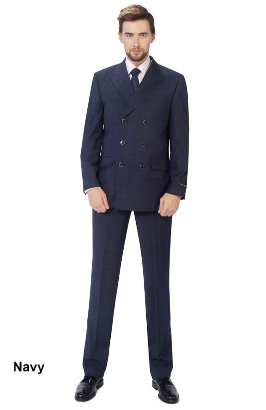 Mens Windowpane Plaid Double Breasted 6 Buttons 3-piece Classic Fit Suit Black