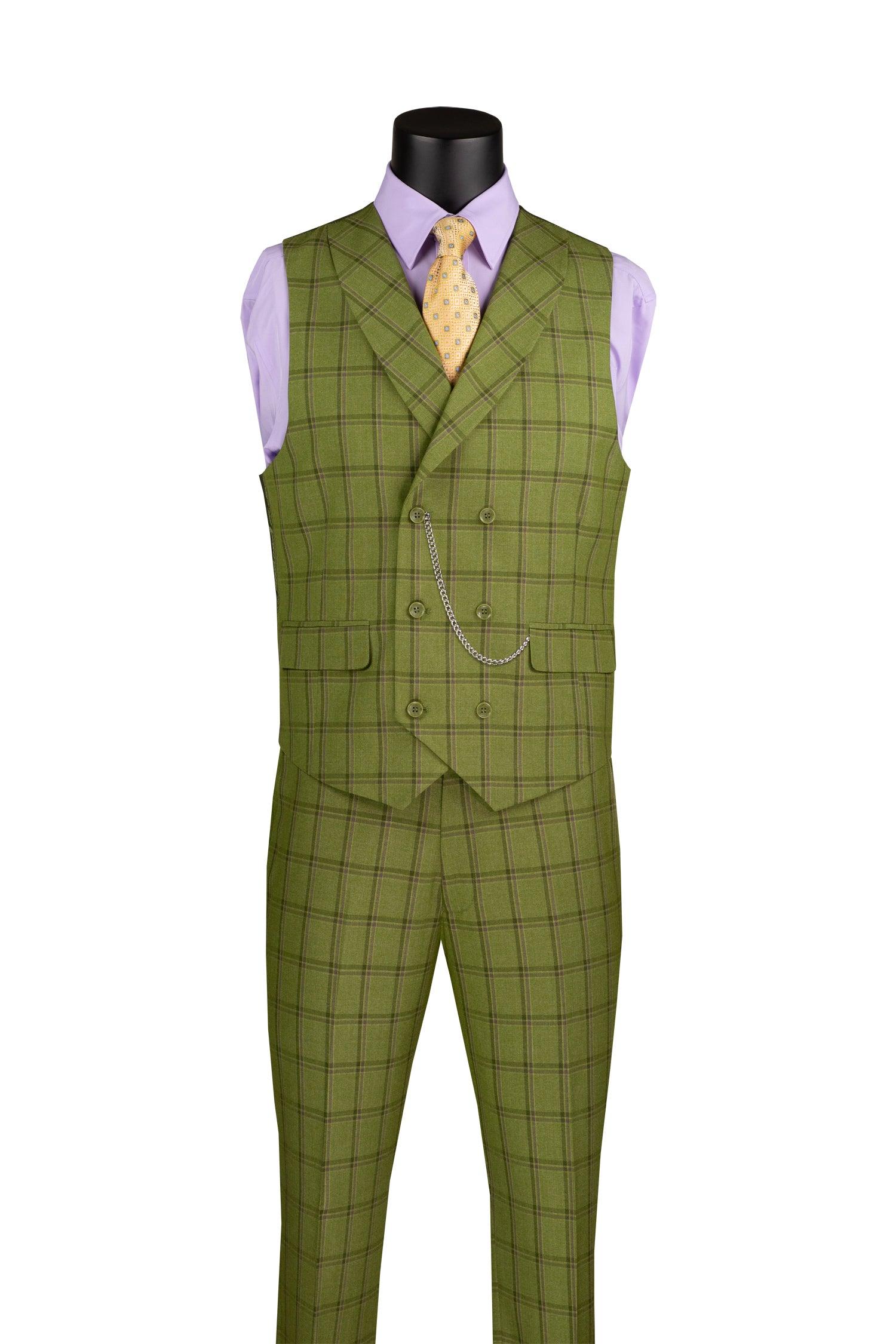 La Scale Collection-Windowpane Three Piece Suit - Moss Green - 36 Short  - 30 Waist