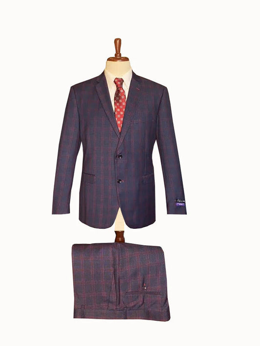 Mens Plaid Suits - Windowpane Wool Suits - Navy Blue with Dark Burgundy Pattern - Business Wool Suit Available in Classic or modern fit-New Designer Collection