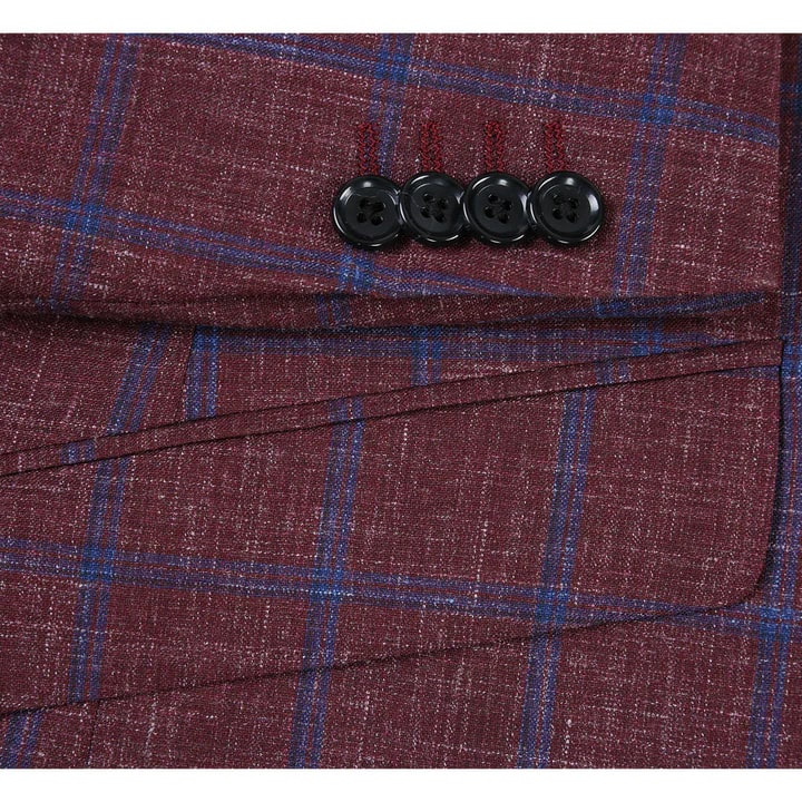 Mens Slim Fit Two Button Wool Sportcoat Windowpane Plaid Burgundy and Blue Blazer - S
