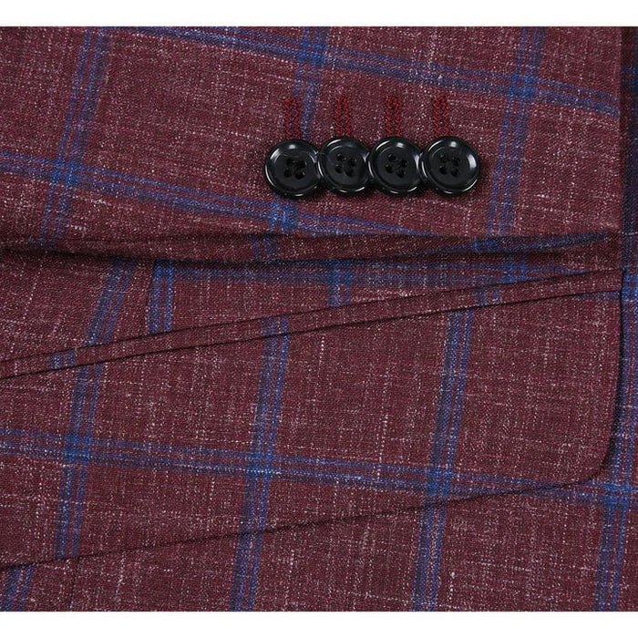 Mens Slim Fit Two Button Wool Sportcoat Windowpane Plaid Burgundy and Blue Blazer