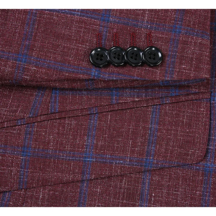 Mens Slim Fit Two Button Wool Sportcoat Windowpane Plaid Burgundy and Blue Blazer