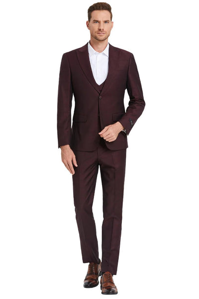 Cheap priced Suit- Men's Two Button Vested Peak Lapel Sharkskin Burgundy Suit  Windowpane Plaid