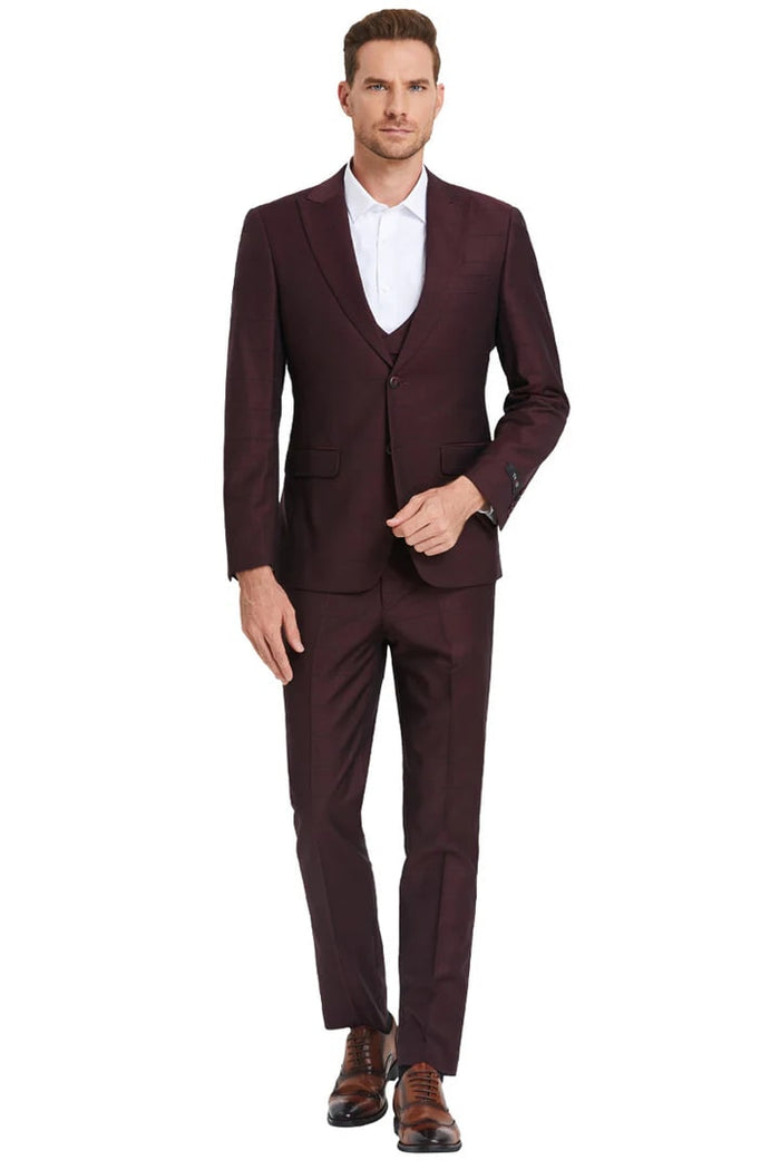 Cheap priced Suit- Men's Two Button Vested Peak Lapel Sharkskin Burgundy Suit  Windowpane Plaid