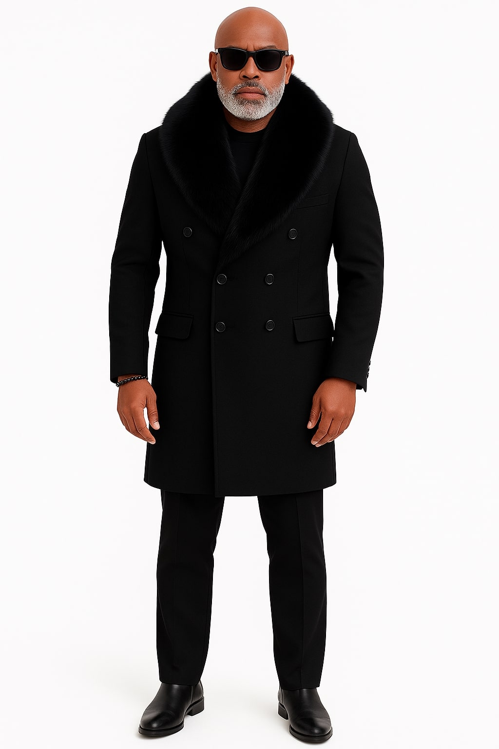 Mens Black Double-Breasted Overcoat with Oversized Faux Fur Collar â€“ Winter Luxury Coat - Coat Size 38
