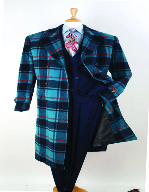 Men's Blue Plaid Wool Overcoat â€“ Double-Breasted Long Winter Coat with Wide Lapel - Full Length