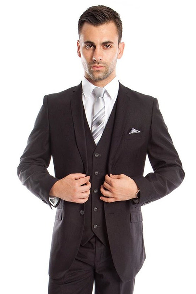 "Charcoal Grey Slim Fit Wedding Suit for Men - Two Button Basic Vested" - 34 Short