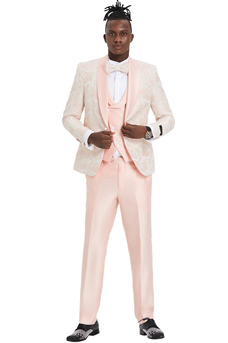 "Men's Pink Paisley Prom Tuxedo - One Button Vested Shawl Lapel"