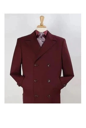 "Burgundy Men's Double Breasted Wool Gaberdine Overcoat"