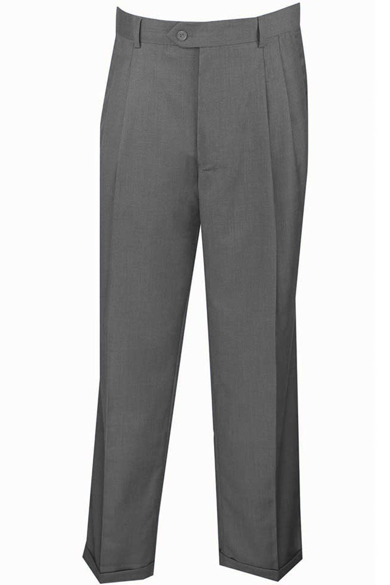 Mens Classic Fit Single Pleat Dress Slacks in Grey - 28W