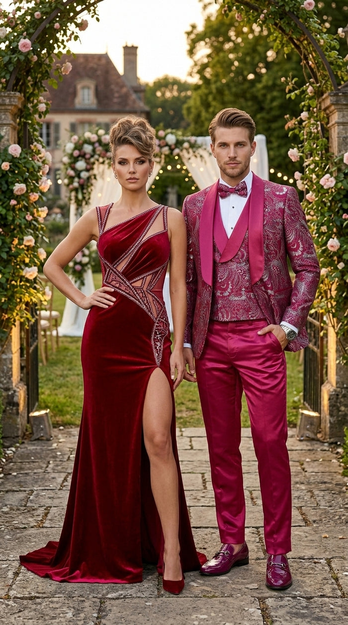Statement Men’s Red Patterned Vested Tuxedo with Bowtie, Paisley Formal Wedding Prom Suit Set