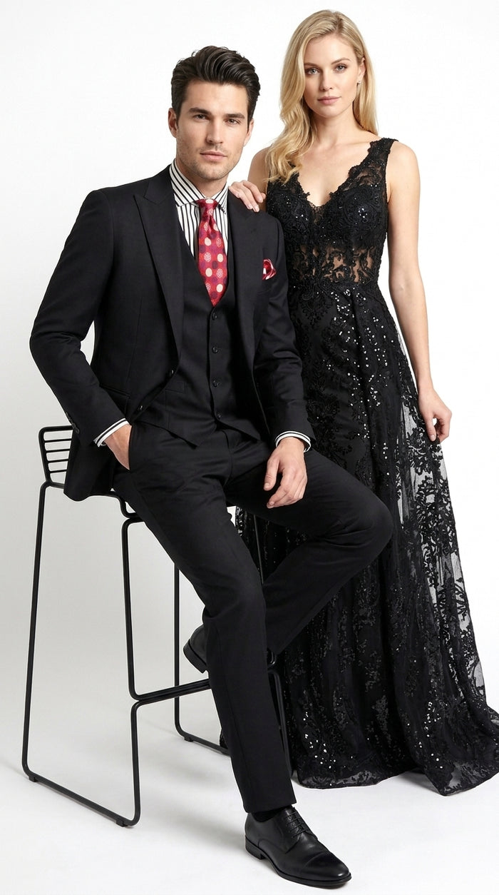 Apollo King Men’s Black 3 Piece Fashion Suit, Wide Peak Lapel Formal Wedding Business Suit