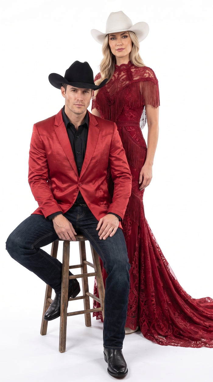 Men’s Western Red Blazer, Slim Fit Shiny Finish Sport Coat for Weddings Prom and Special Events