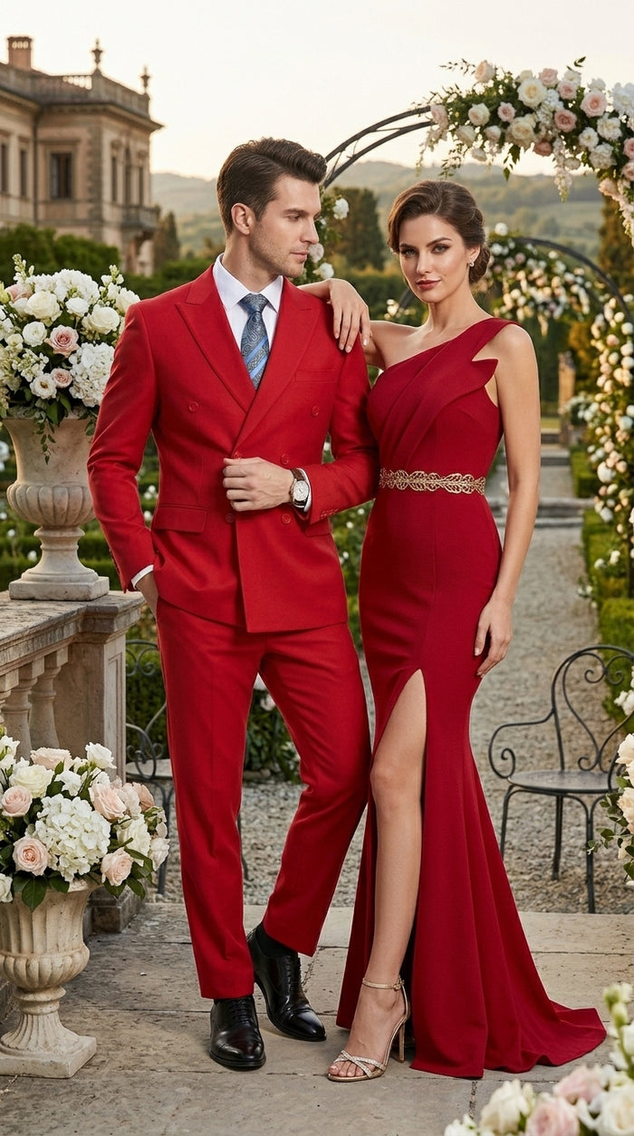 Men’s Red Double Breasted Poplin Suit, Classic Formal Wedding Church Business Suit Set
