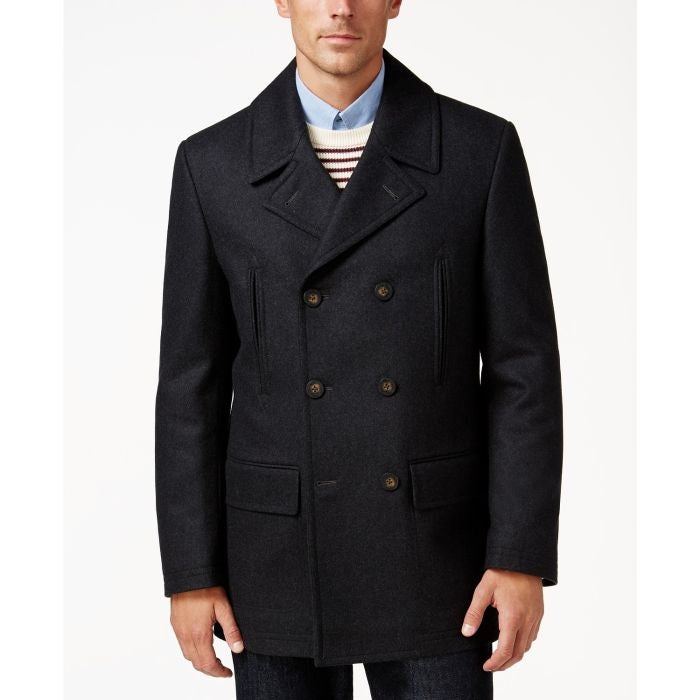 Wool-Blend Classic-Fit Peacoat, charcoal overcoat six button - Coat Size 38