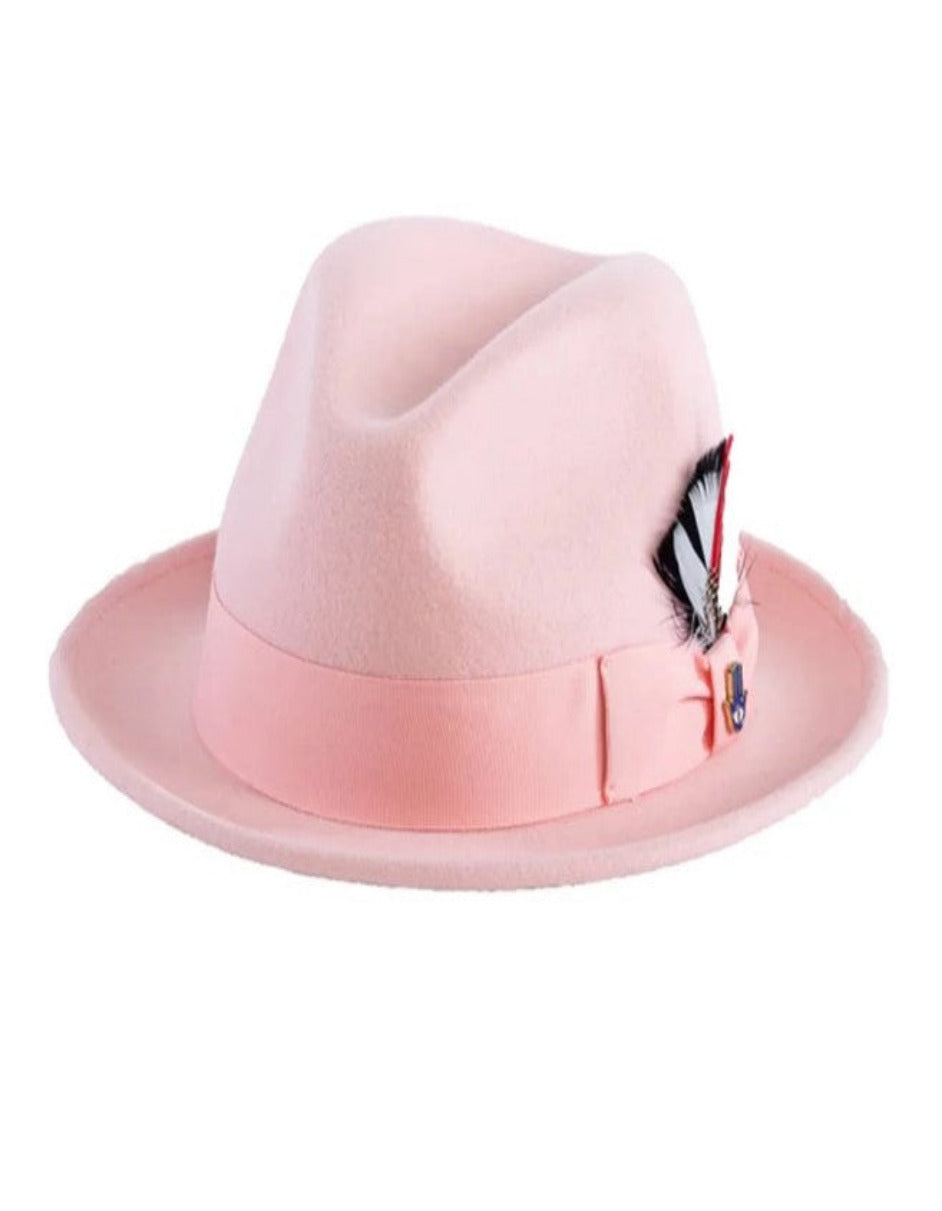 Pink Dress Hat 1920s Fedora Style - Mens Narrow Brim Crushable Wool Dress Hat Trilby Fedora in Pink - S