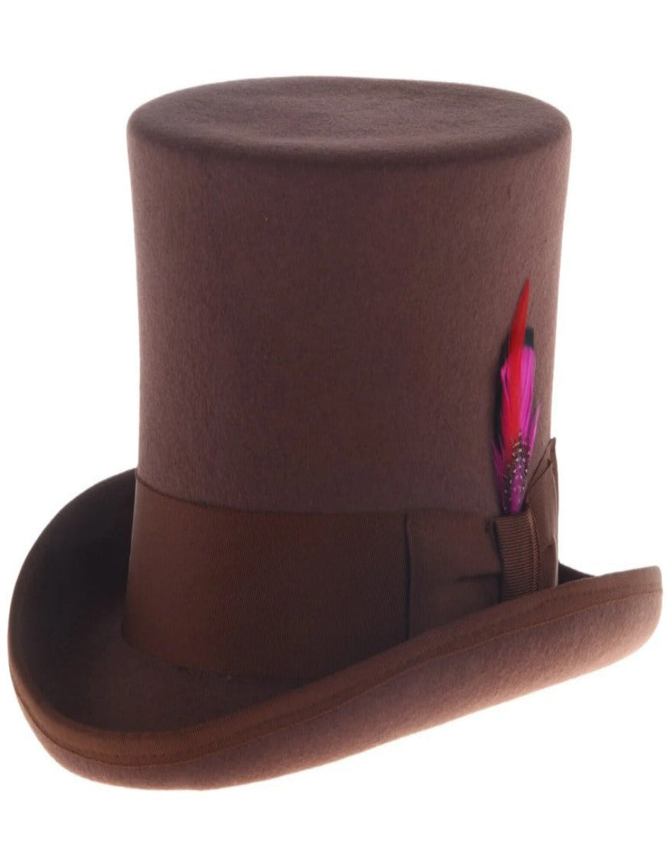 Brown Dress Hat 1920s Fedora Style - Men's Tall 100% Wool Dress Top Hat in Brown - S