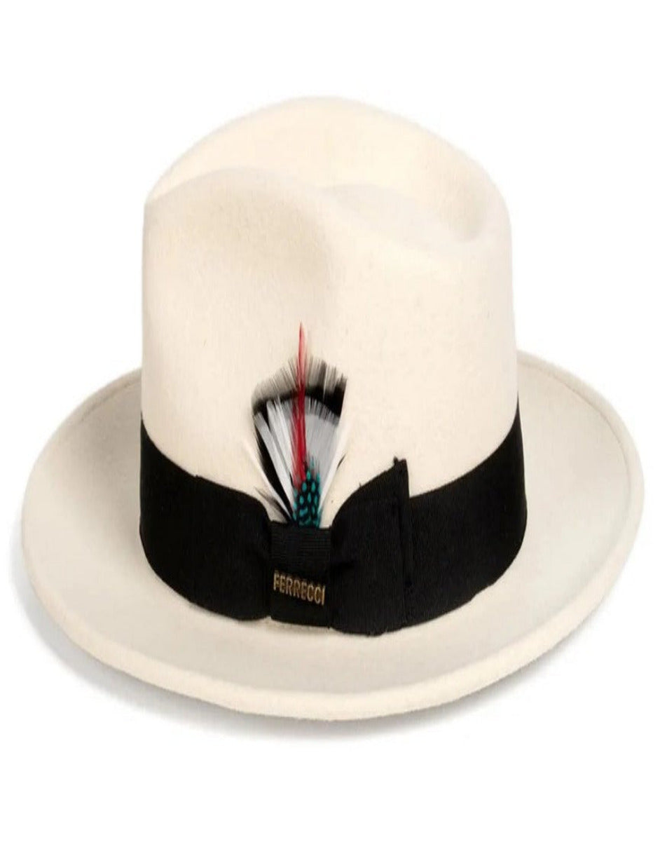 White and Black Dress Hat 1920s Fedora Style - Mens Classic Wool Fedora Dress Hat in White and Black - S