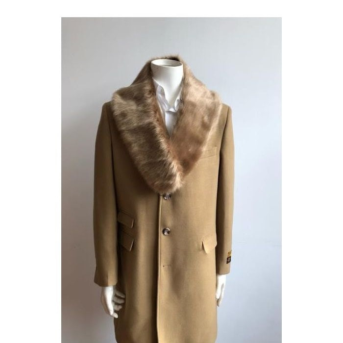 Wool Three Quarter Ticket Pocket Fur Collar Camel Overcoat