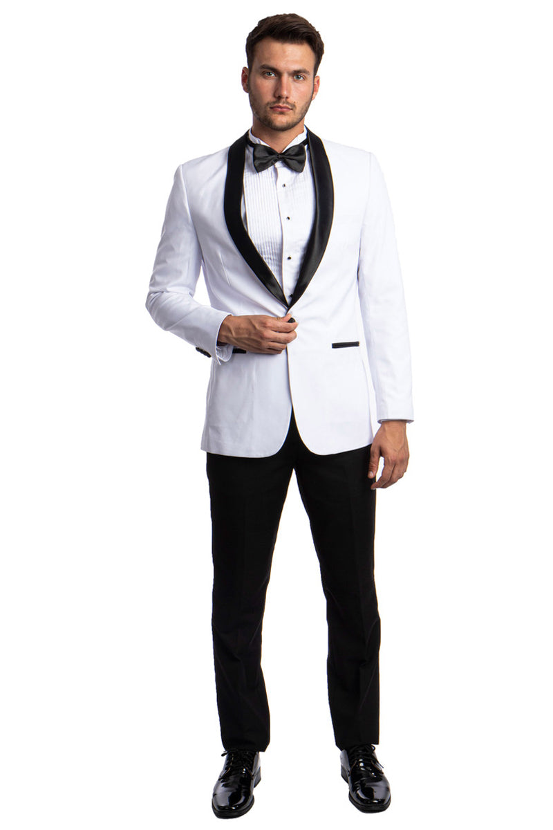 "White Men's Skinny Fit Shawl Prom Tuxedo - One Button Style"