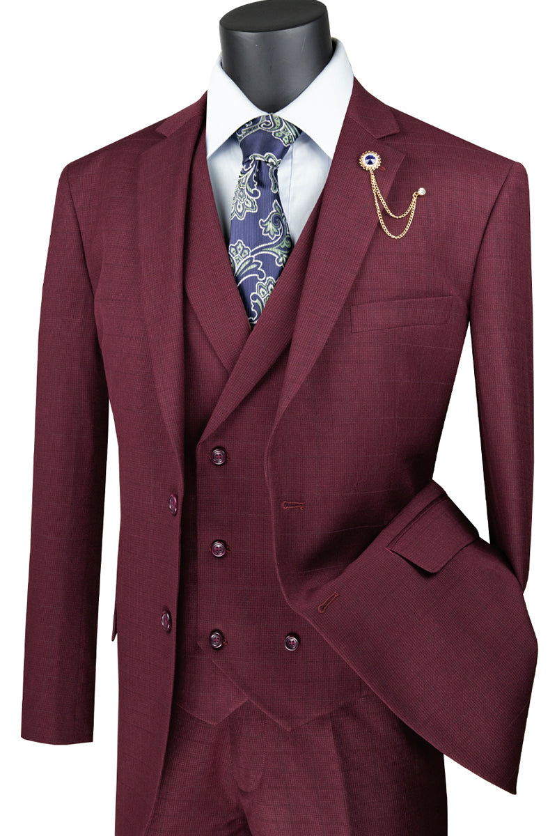 36 Mens 2 Button Double Breasted Vest Plaid Suit in Burgundy