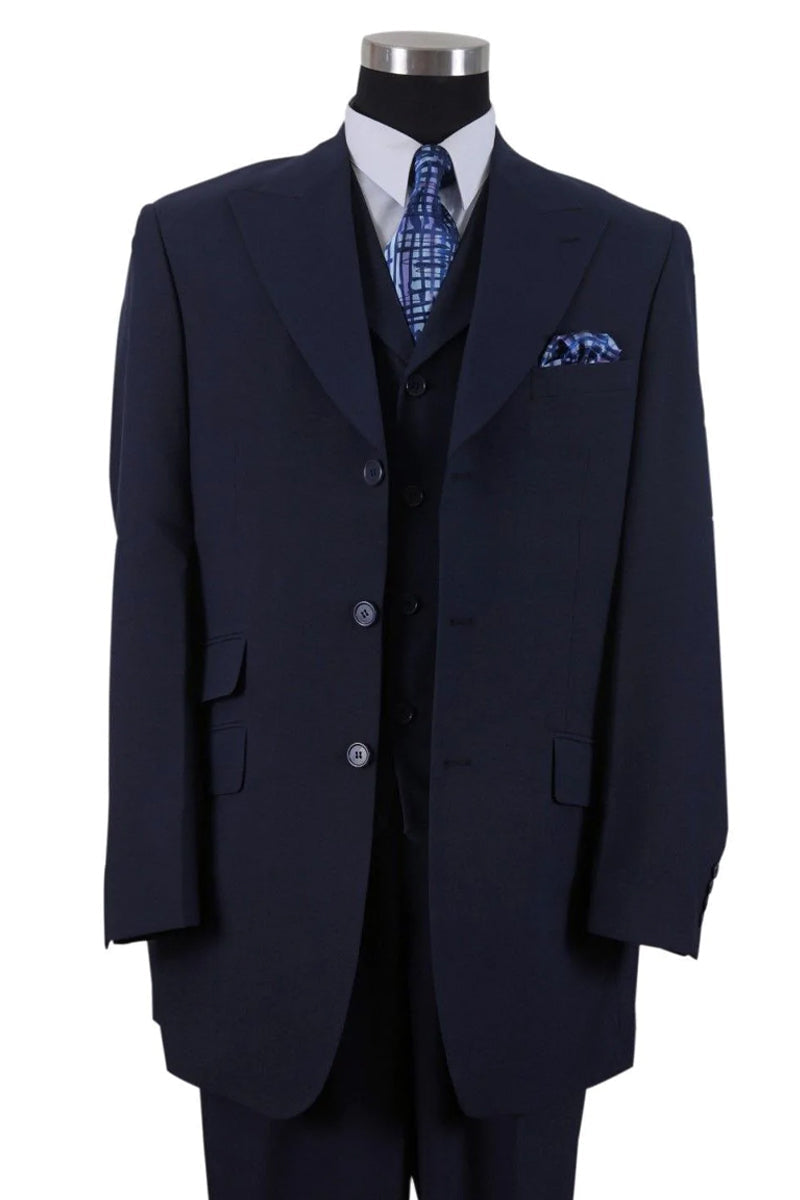 "Navy Blue Men's Fashion Suit with 3-Button Vested Wide Peak Lapel"