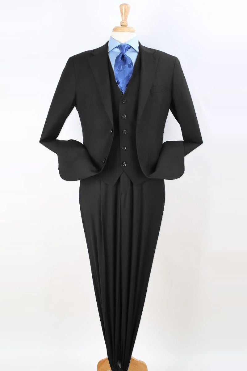 "Classic Black Vested Suit - Men's Two Button Pleated Pant Fit"