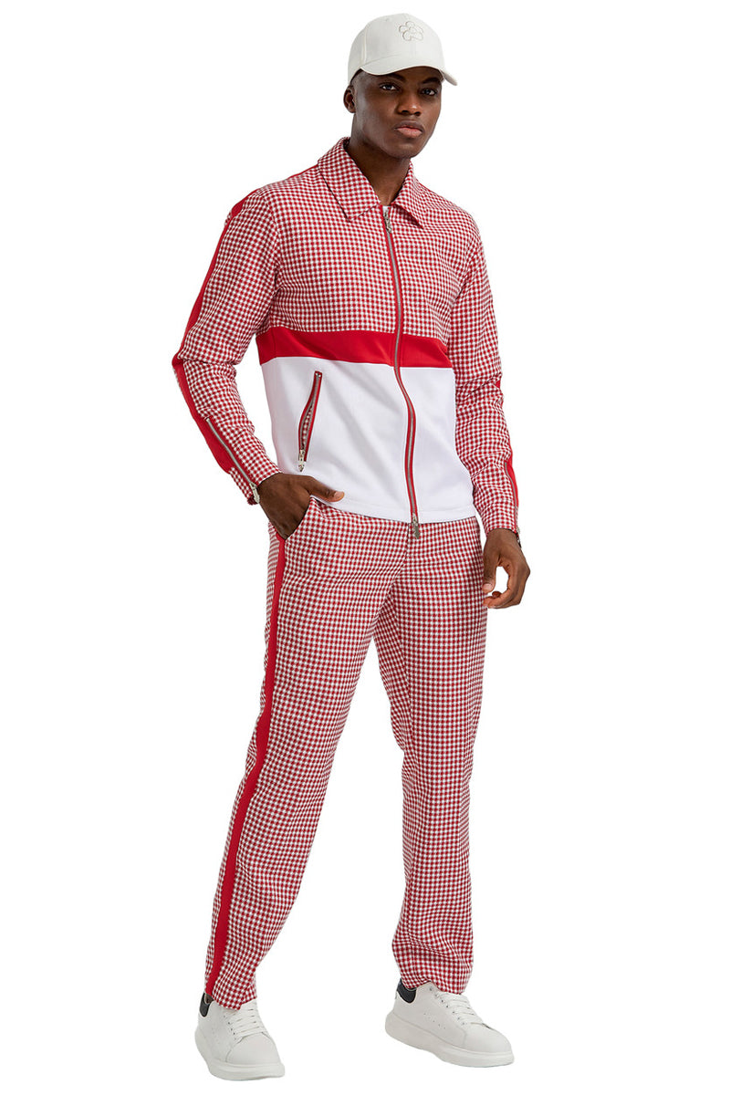 Houndstooth Red Men's Casual Walking Suit Jacket & Pant Set