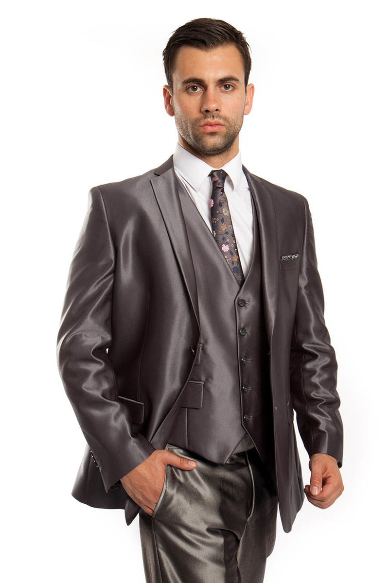 "Charcoal Grey Sharkskin Men's Wedding Suit - Two Button Vested Prom Fashion"
