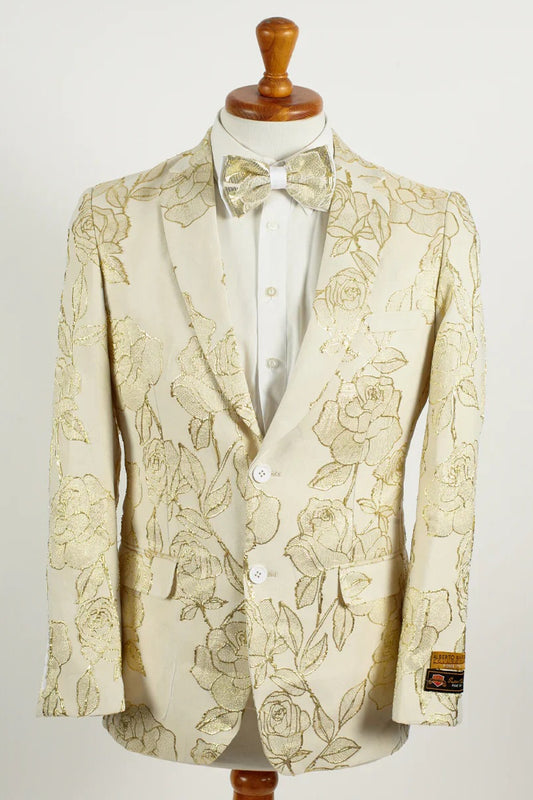 "Mens Suit 2 Button Ivory & Gold Foil Floral Paisley Prom & Wedding Blazer" Gold Prom Suits