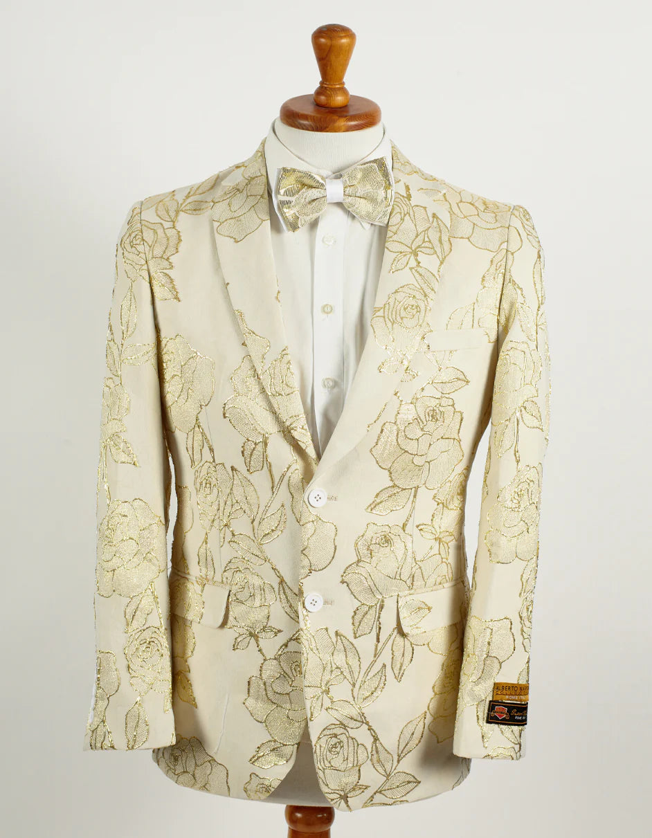 "Mens Suit 2 Button Ivory & Gold Foil Floral Paisley Prom & Wedding Blazer"