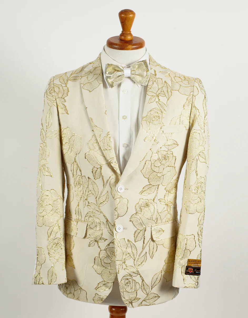 Best Mens 2 Button Ivory & Gold Foil Floral Paisley Prom & Wedding Blazer  - For Men  Fashion Perfect For Wedding or Prom or Business  or Church
