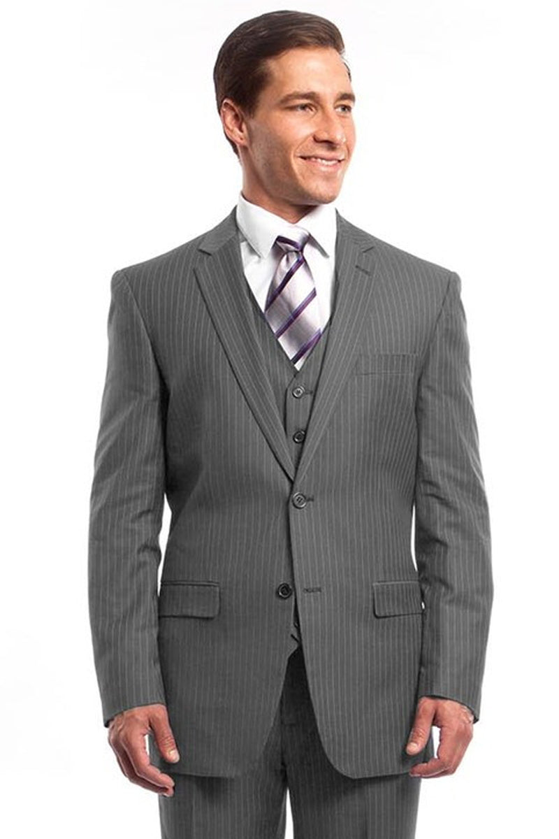 Pinstripe Men's Business Suit - Light Grey Two Button Vested Style