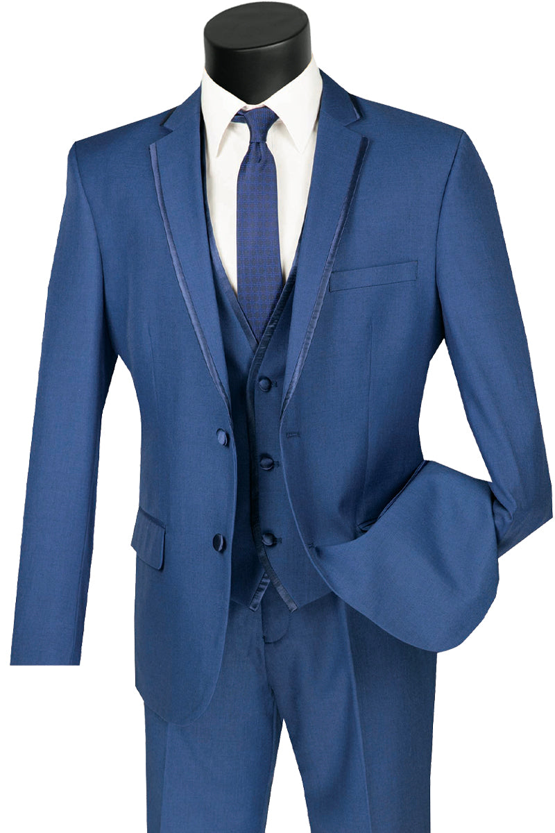 Mens Slim Vested Tuxedo Suit with Satin Trim in Blue - 36 Short