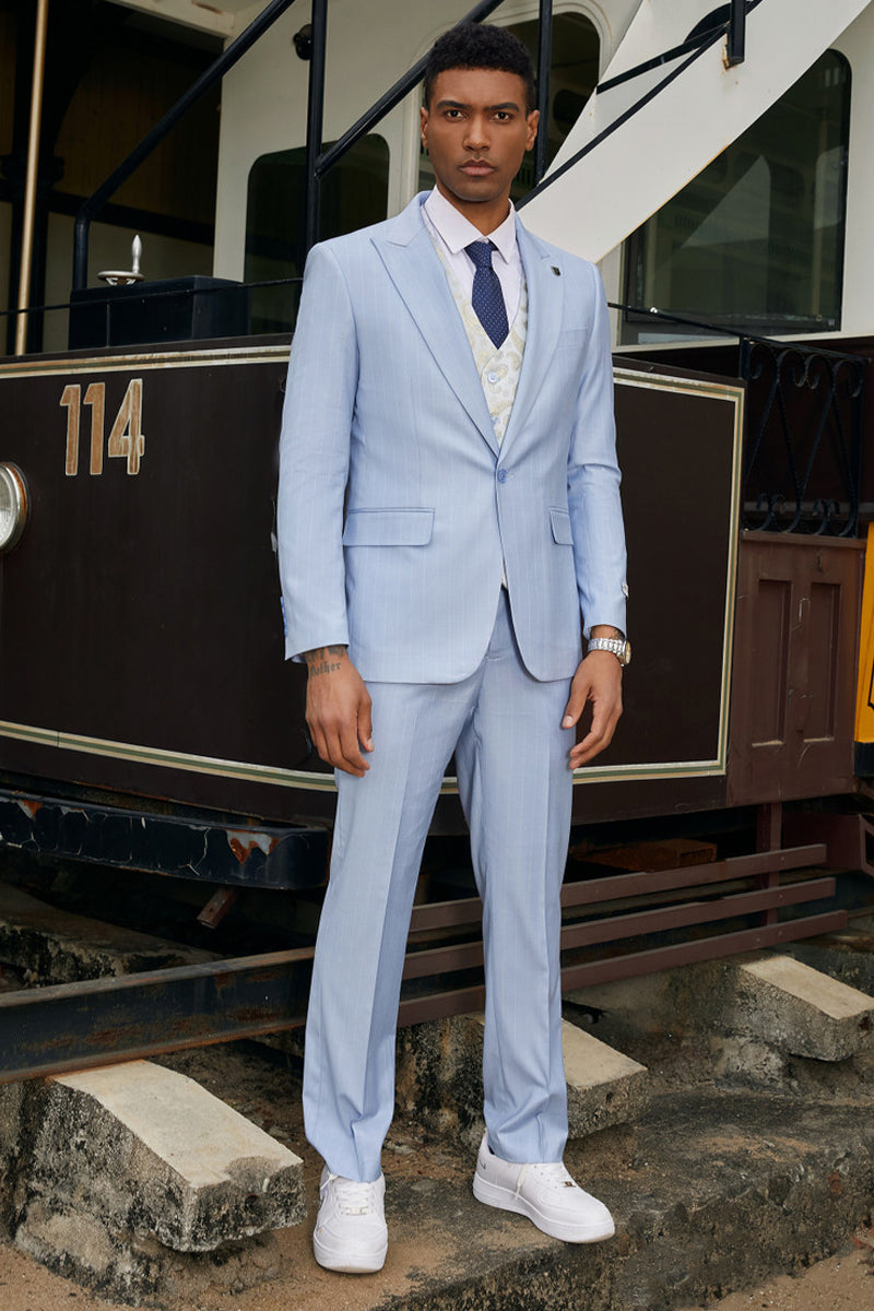 "Mens Stacy Adams Suit -Stacy Adams Men's Modern Vested Suit - Light Blue Pinstripe" - 34 Short
