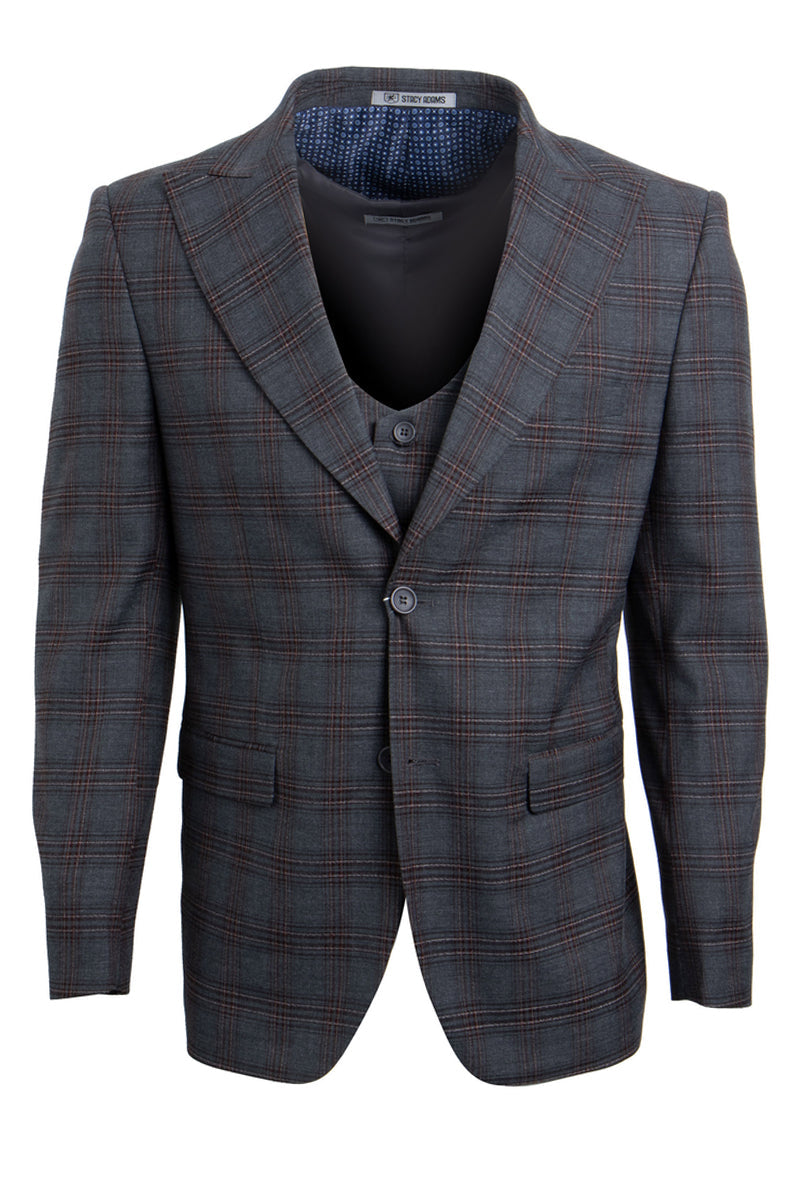 "Stavy Adams Men's Plaid Suit - Charcoal Grey, Two Button Vested Peak Lapel"