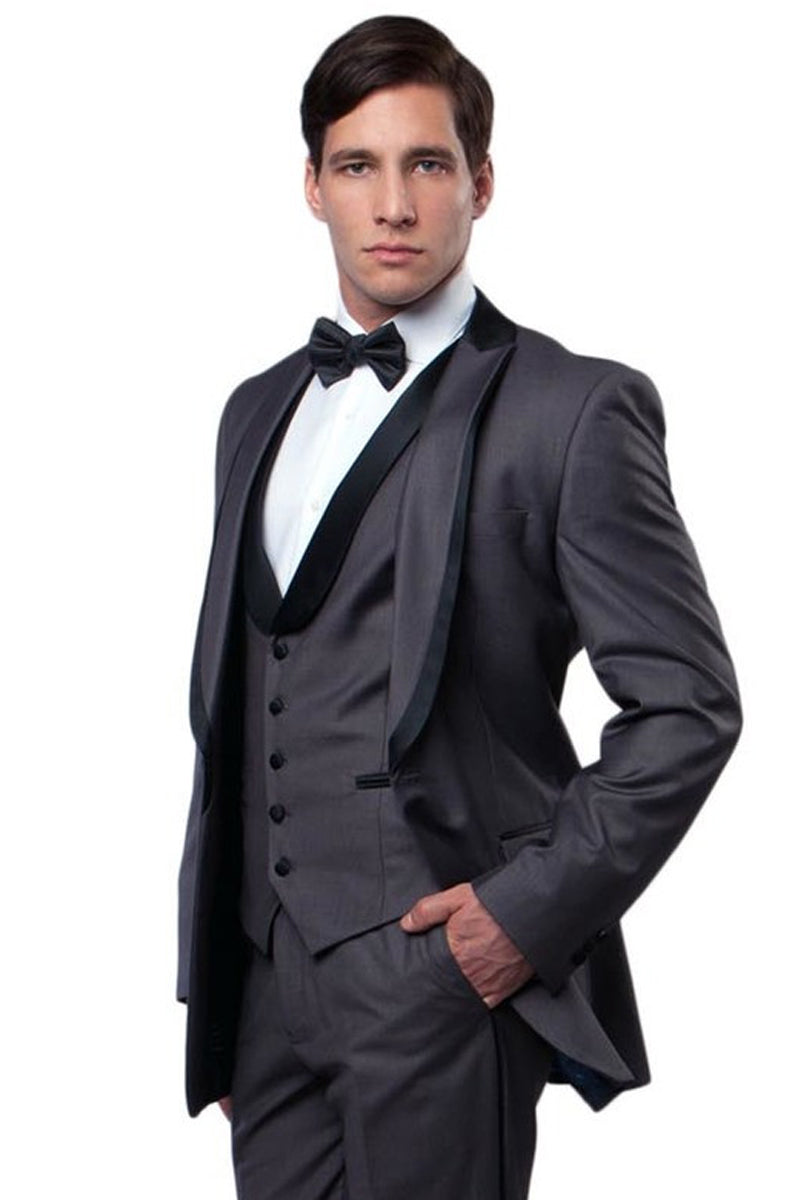 "Charcoal Grey Men's Fancy Tuxedo with Satin Trim - One Button Peak Lapel Vested"