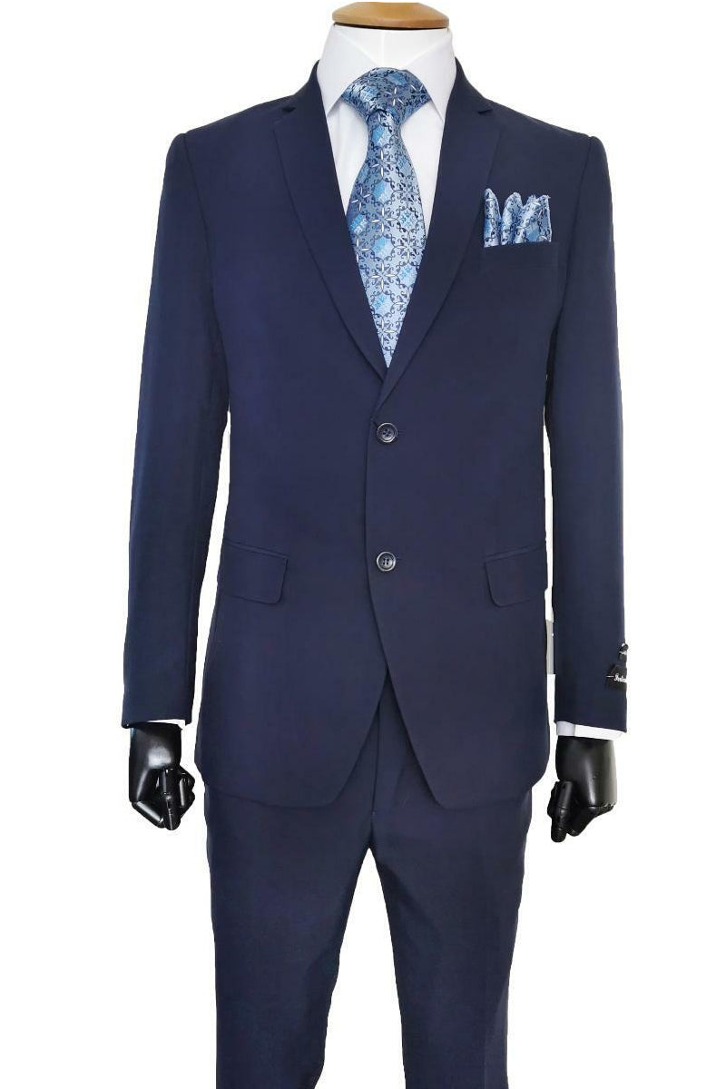 "Classic Fit Navy Poplin Suit for Men - 2 Button Style" blue - 40 Long